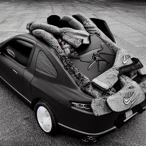 Image similar to photo by annie leibovitz of a car made out of 1 0 0 s of nike air jordan sneakers