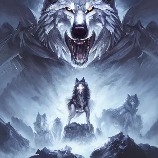 Image similar to Wolf, Anthropomorphized, as warlord general on skull throne, magic the gathering artwork, D&D, fantasy, cinematic lighting, centered, symmetrical, highly detailed, digital painting, artstation, concept art, smooth, sharp focus, illustration, volumetric lighting, epic Composition, 8k, art by Akihiko Yoshida and Greg Rutkowski and Craig Mullins, heroic pose, oil painting, cgsociety, Battlefield background, explosions, arrows