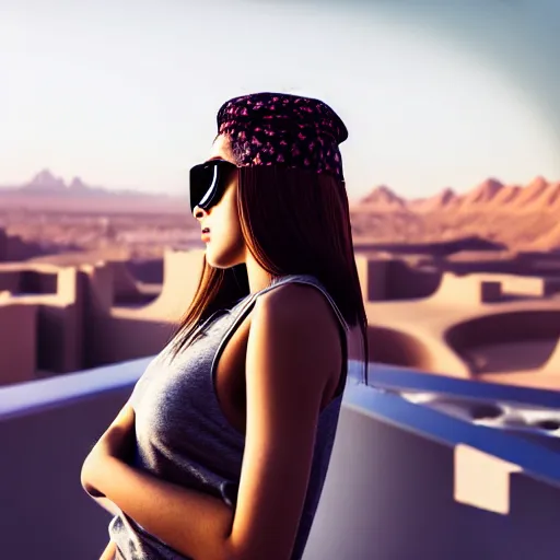 Image similar to photographic portrait of a streetwear woman, closeup, on the rooftop of a futuristic city overlooking a desert oasis, sigma 85mm f/1.4, 4k, depth of field, high resolution, 4k, 8k, hd, full color