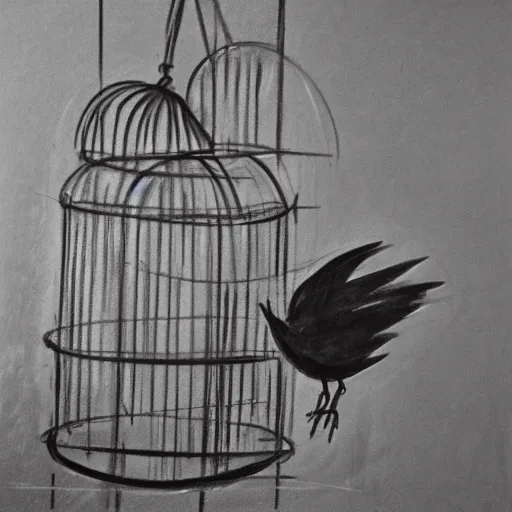 Prompt: an abstract rough charcoal sketch of a bird in a bird in a cage, black and white