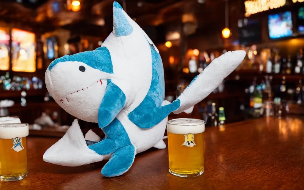 Image similar to Shark plush ordering a beer at a bar, stuffed toy, fish, dim lighting, 50mm, depth of field