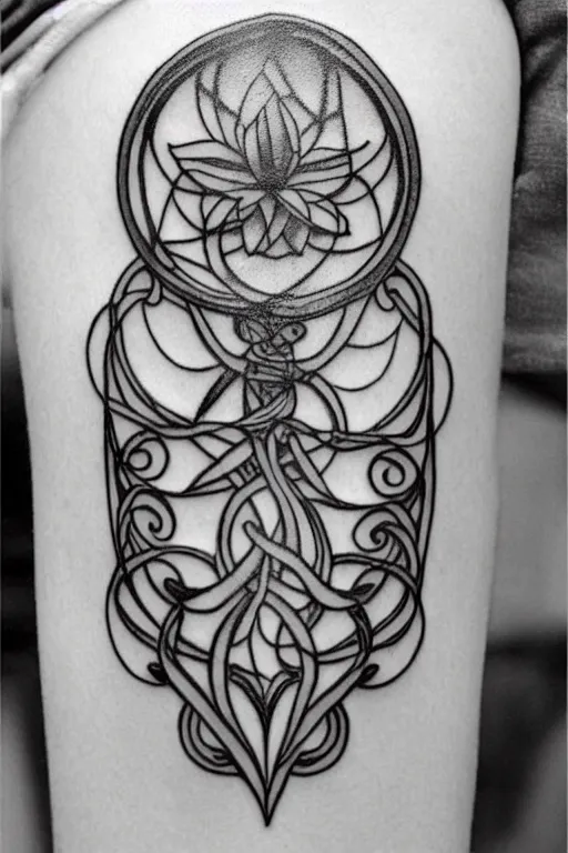 Prompt: mirrored delicate minimalist art nouveau tattoo, intricate detail, clean lines