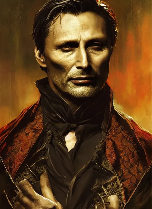 Image similar to Portrait of Mads Mikkelsen as Dracula , the prince of darkness , lord of the vampires , marvel comics, dark, intricate, highly detailed, smooth, artstation, digital illustration by Ruan Jia and Mandy Jurgens and Artgerm and Wayne Barlowe and Greg Rutkowski and Frank Frazetta