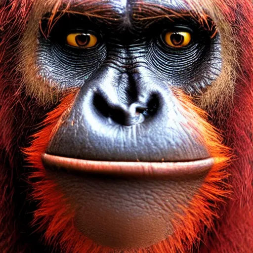 Image similar to demonic balrog orangutan, close up of face, uh oh stinky