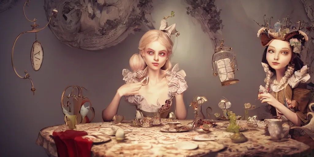 Prompt: a insanely intricate detailed beautifull 3 d render of alice in wonderland, beauty clean faces, cute detailed characters, unreal engine, 8 k resolution, cell shaded rendering, soft dramatic lighting, cinematic, subsurface scattering, anti aliashing,