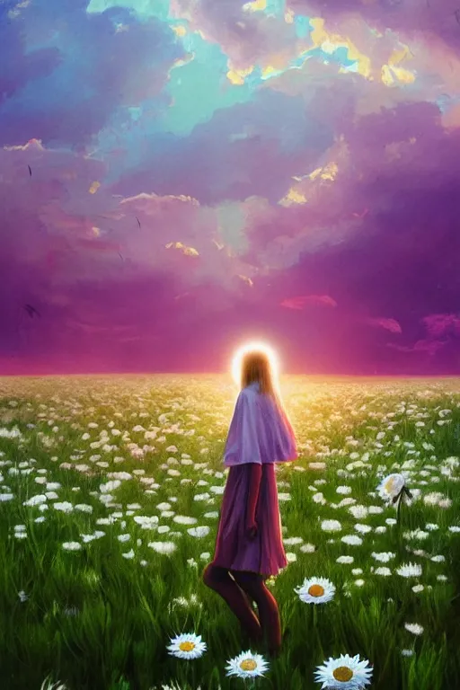 Image similar to veil of giant white daisy flower as head, girl standing in a flower field, surreal photography, sunrise, dramatic light, impressionist painting, colorful clouds, digital painting, artstation, simon stalenhag