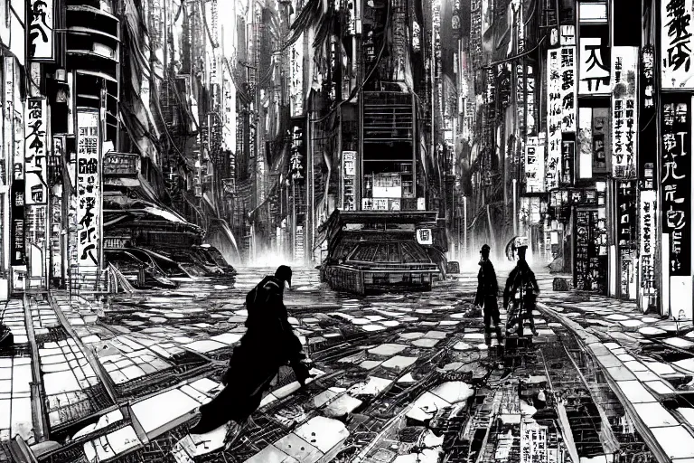 Image similar to high quality illustration of a japanese flooded cyberpunk city in the style of ghost in the shell and blame and akira, manga, black and white, pencil, traditional art, anime, by katsuhiro otomo and tsutomu nihei and masamune shirow and studio ghilibi and yukito kishiro, highly detailed, sharp lines