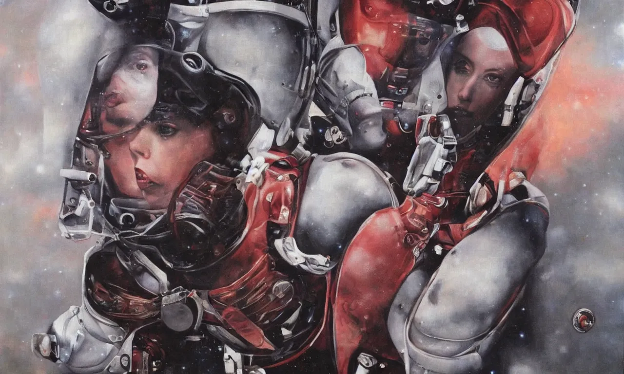 Prompt: Portrait of Scarlett Johansson in a spacesuit, action shot from a movie, painting by Saturno Buttò