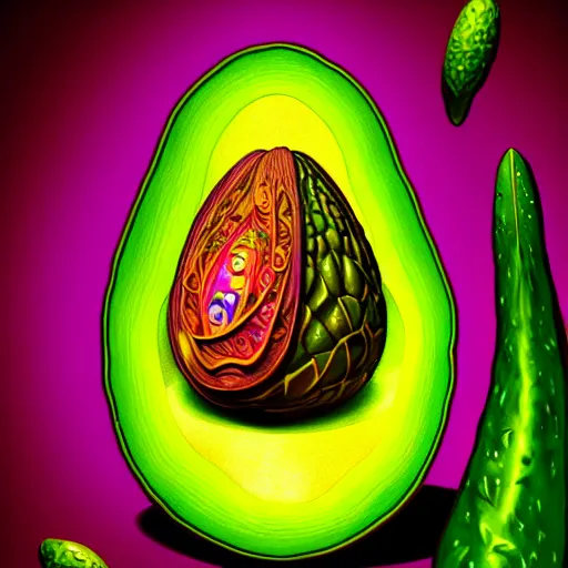 Prompt: An extremely psychedelic portrait of an avocado, surreal, LSD, face, detailed, intricate, elegant, lithe, highly detailed, digital painting, artstation, concept art, smooth, sharp focus, illustration