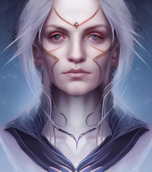 Prompt: A detailed digital art head on symmetrical fanart portrait of a distinguished elven woman with two-tone hair by Charlie bowater and lise deharme wlop, critical role