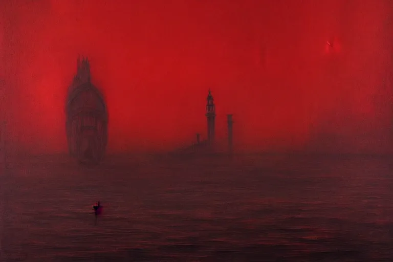 Image similar to only with red, a red dystopic knight, venice, flock of birds in the red sky, in the style of beksinski, parts by edward hopper, parts by rodcenko, parts by yue minjun, intricate and epic composition, red by caravaggio, insanely quality, highly detailed, masterpiece, red light, artstation, 4 k