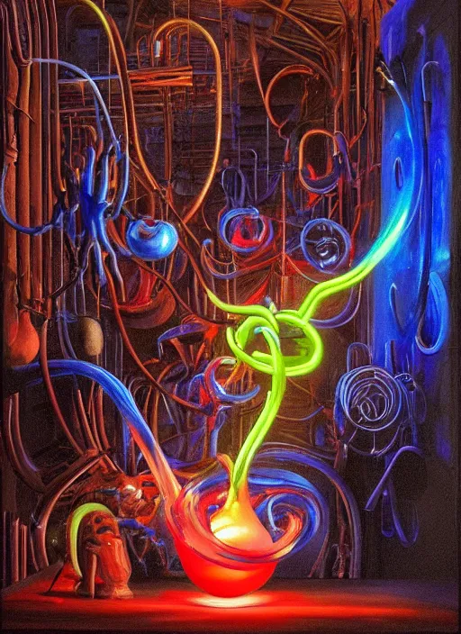 Prompt: A neon painting of Joan miros 3d soul of glassblowing by hr giger and Vladimir kush, 3d, complimentary colors, vivid neon colors, aesthetically pleasing composition, masterpiece, 4k, 8k, ultra realistic, super realistic,