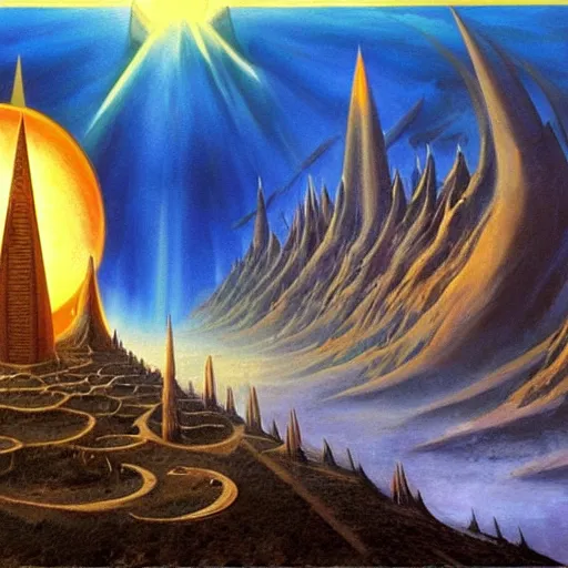 Image similar to barad - dur ( dark fortress ) and the eye of sauron, large scale painting by robert mccall and vladimir kush