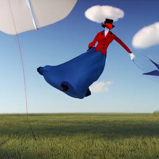 Prompt: mary poppins holding a two - line mattress kite being blown to the sky by the strong wind. 3 d octane render