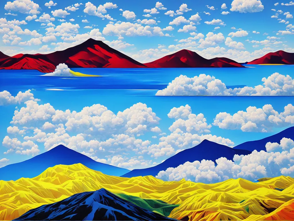 Image similar to hyperrealism general plan composition on the borders of the picture mountains, clouds, trees, sea and waves, empty space in the middle, pop - art style, jacky tsai style, acrylic on canvas