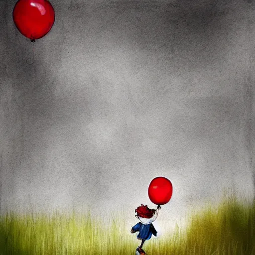 Prompt: grunge cartoon landscape sketch of bilie eilish with a wide smile and a red balloon by - michal karcz, loony toons style, pennywise style, horror theme, detailed, elegant, intricate