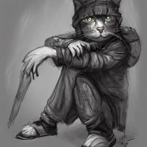 Prompt: digital art, humanoid homeless cat, concept art, d & d, fantasy