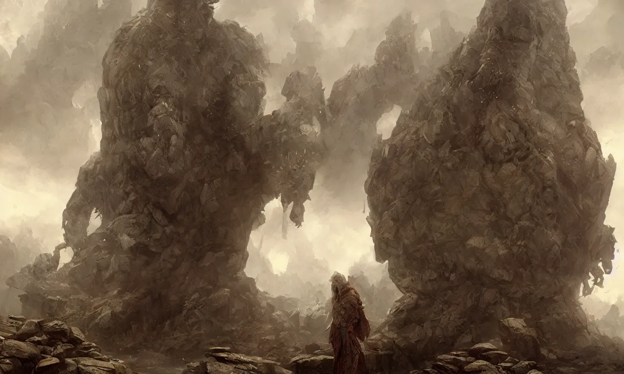 Image similar to angry stone giant. tooth wu, edward gorey, greg rutkowski, andreas achenbach, artgerm, mikko lagerstedt, zack snyder, tokujin yoshioka