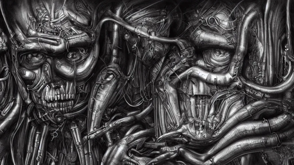 Prompt: Beating heart of the internet, anatomy, style of Giger, H. R. GIGER, 4K, highly detailed