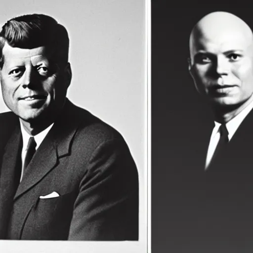 Image similar to portrait photo of bald john f kennedy and nikita kruschev next to each other, black and white, atmospheric lighting