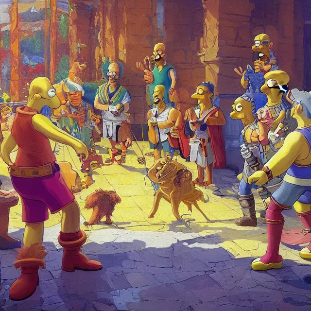 Prompt: homer simpson having a rap battle with julius caesar, elegant, intricate, digital painting, artstation, concept art, smooth, sharp focus, illustration, art by konstantin korovin and daniel f. gerhartz and john howe