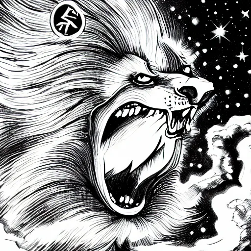 Image similar to angelic lioness flying in outer space, wide angel, black and white ink on paper, thick outlines, 8k high quality detailed art, trending on art station, manga art, by Eiichiro Oda