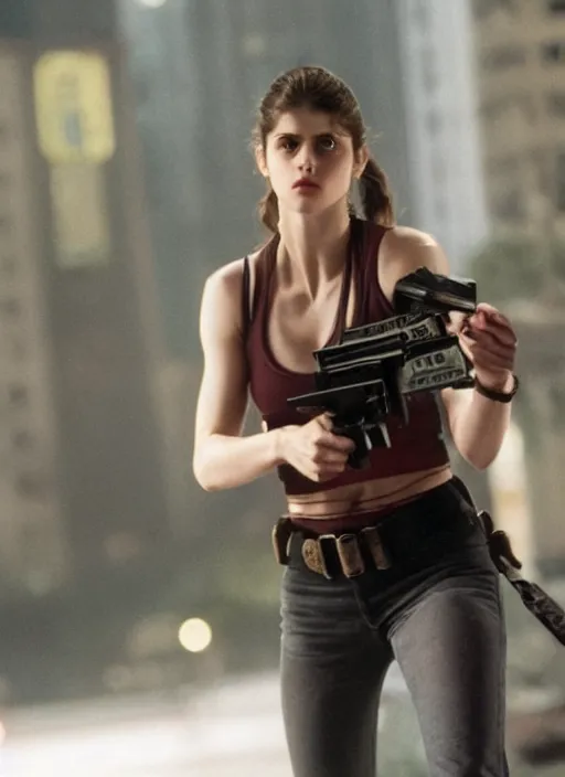 Prompt: film still of Alexandra Daddario as John McClane in Die Hard, 4k