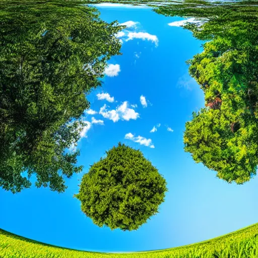 Prompt: Spherical panorama of a green meadow with trees and buildings and blue sky with clouds