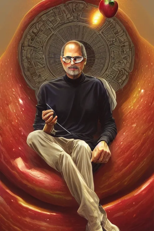 Image similar to ultra realistic illustration, steve jobs sitting on a giant apple, sci - fi, fantasy, intricate, elegant, highly detailed, digital painting, artstation, concept art, smooth, sharp focus, illustration, art by artgerm and greg rutkowski and alphonse mucha