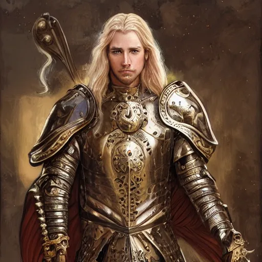 Prompt: Beautiful male cleric with long flowing blonde hair wearing burnished bronze armour emblazoned with a swan on the breastplate wielding a magical scimitar embossed with the phases of the moon, fantasy D&D character, portrait art by Donato Giancola and Bayard Wu, digital art, trending on artstation, 4k