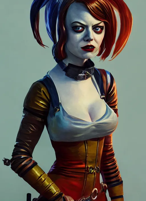 Image similar to bioshock portrait of emma stone as harley quinn, hyper detailed, digital art, trending in artstation, cinematic lighting, studio quality, smooth render, unreal engine 5 rendered, octane rendered, art style by klimt and nixeu and ian sprigger and wlop and krenz cushart.