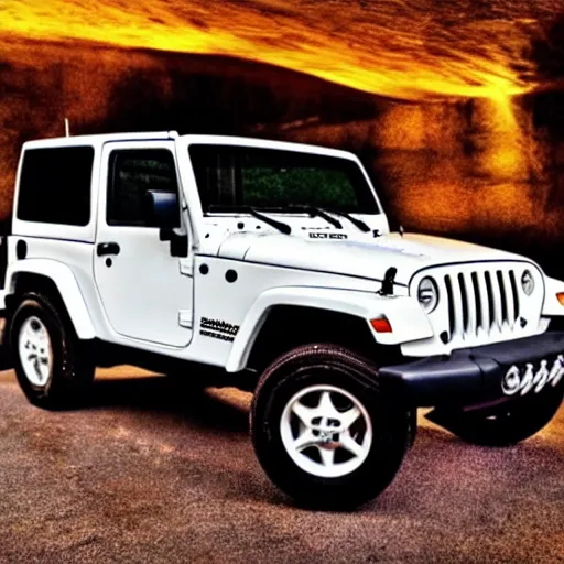 Prompt: photo of a 1997 hardtop white Jeep Wrangler, underground garage, starry lights, bouncing reflections, oil slick