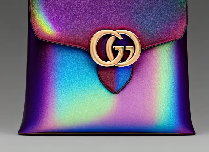 Image similar to futurist iridiscent bag, made by gucci, fashion design, xf iq 4, 1 5 0 mp, 5 0 mm, iso 2 0 0, 1 / 1 6 0 s, natural light, octane render, adobe lightroom, rule of thirds, symmetrical balance, depth layering, polarizing filter, sense of depth, ai enhanced