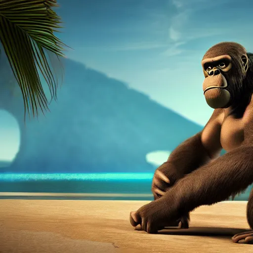 Image similar to king kong in a bikini clearing a space for himself at the beach, cinematic, octane render, sunny day, tropical island.