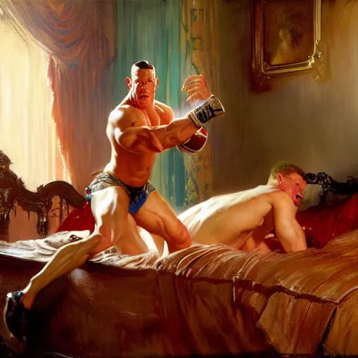 Prompt: john cena ring gear is in his bed, nervous and terrified, because beck lynch from hell is attacking him. highly detailed painting by gaston bussiere, j. c. leyendecker, greg rutkowski, craig mullins 8 k