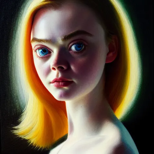Prompt: portrait of a elle fanning wearing and a goldfish in a dark room with a window, detailed realism face in painting, detailed beautiful portrait, oil painting masterpiece, 8 k resolution, smooth, sharp focus, trending on artstation, by bruce pennington