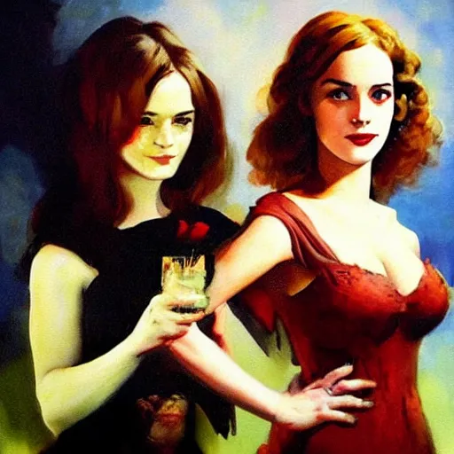 Prompt: frank frazetta painting of christina hendricks and emma watson