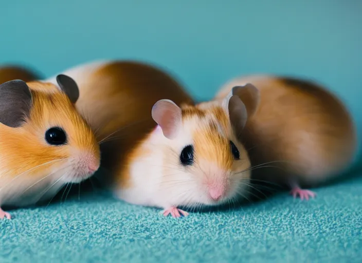 Prompt: photo of a two hamsters laying inside a bed, cinematic color grading, various poses, soft light, faded colors, well framed, sharp focus, 8 k