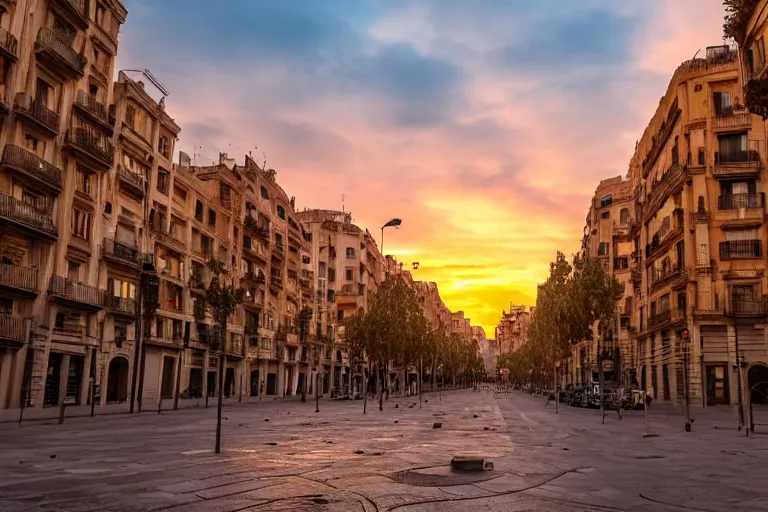 Image similar to dystopian barcelona city with sinked streets, global warming, sunset lighting, photoreal