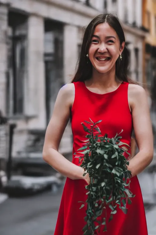 Prompt: blurry close up photo portrait of a smiling pretty woman in a red sleeveless dress, out of focus, street scene