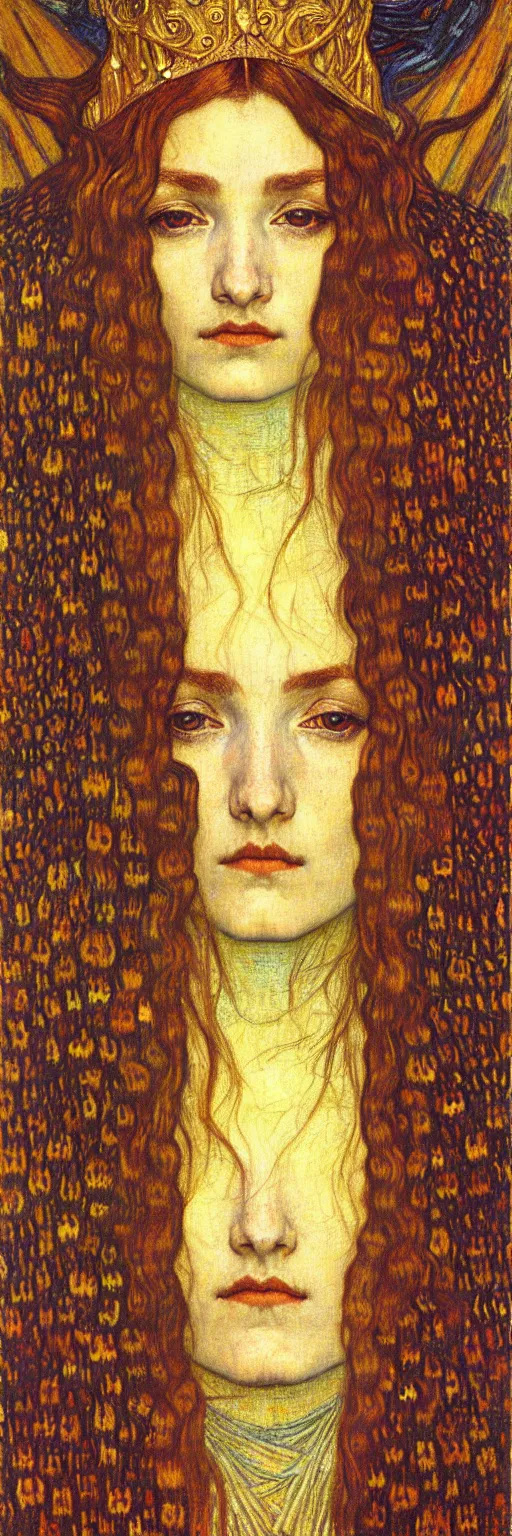 Image similar to detailed realistic beautiful young medieval queen face portrait by jean delville, gustav klimt and vincent van gogh, art nouveau, symbolist, visionary, gothic, pre - raphaelite, muted earthy colors, desaturated