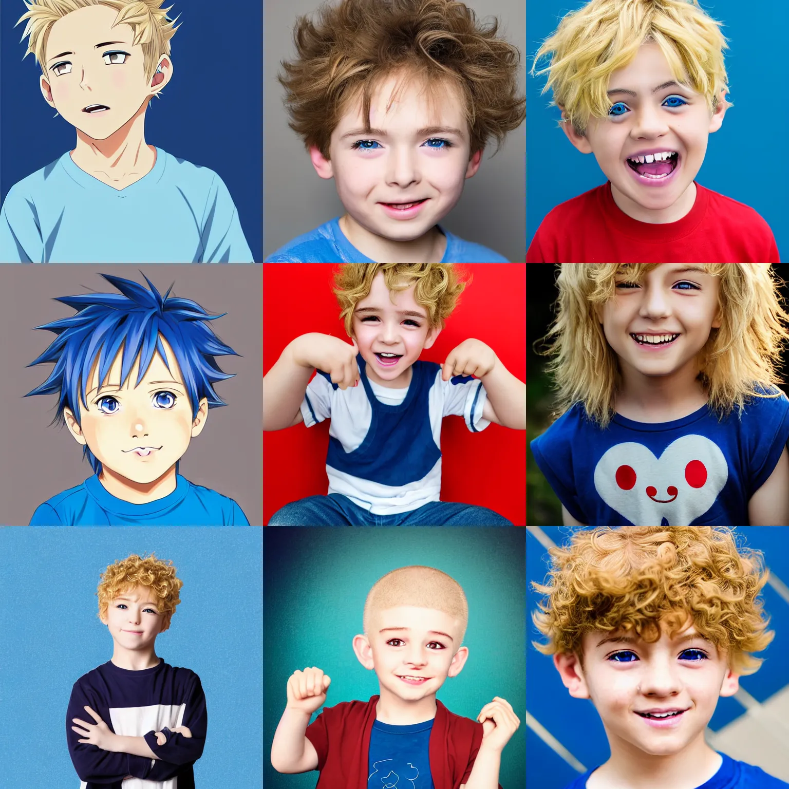 Prompt: A medium shot anime portrait of a young smiling anime boy child with extremely short curly wavy light blonde hair and blue eyes, buzzed hair on the sides, blue-eyed, chubby face, very young, 4yr old, medium shot portrait, wavy and short top hair, his whole head fits in the frame, solid color background, flat anime style shading, head shot, 2d digital drawing by Stanley Artgerm Lau, WLOP, Rossdraws, James Jean, Andrei Riabovitchev, Marc Simonetti, and Sakimi chan, trending on artstation