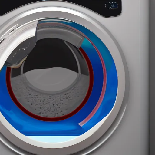 Image similar to photograph of the circular door of a washing machine washing colorful clothes and a very small astronaut. 8k resolution. hyperrealistic.