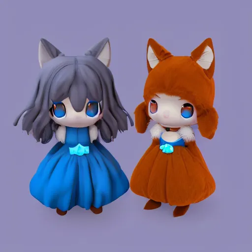 Image similar to cute fumo plush of a foxgirl adventurer, blue dress, three point lighting, dramatic, vray