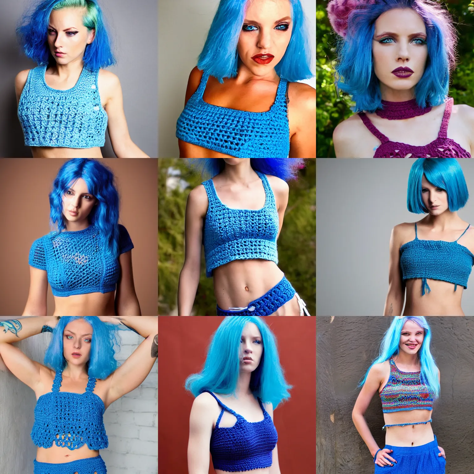 Image similar to A photo of a caucasian female model with blue hair wearing a crocheted croptop.