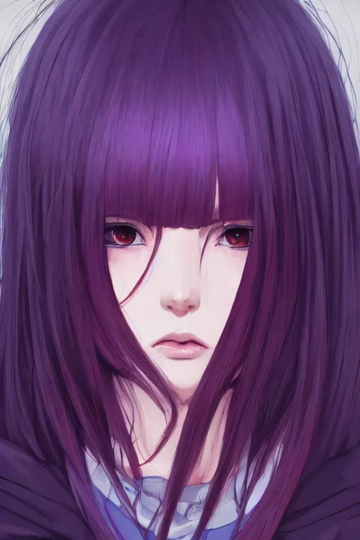 Image similar to portrait Anime girl in cloak, cute-fine-face, violet-hair pretty face, realistic shaded Perfect face, fine details. Anime. Three quarter shot. realistic shaded lighting by Ilya Kuvshinov katsuhiro otomo ghost-in-the-shell, magali villeneuve, artgerm, rutkowski, WLOP Jeremy Lipkin and Giuseppe Dangelico Pino and Michael Garmash and Rob Rey and Yoshitaka Amano and Thores Shibamoto