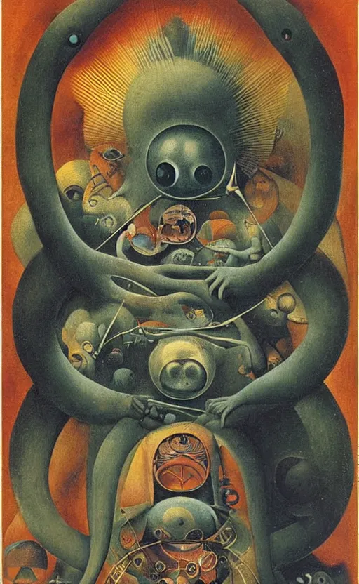 Image similar to a new small cute creature from space cosmic multiple eyes a bit weird cosmic with an intriguing wonderful machine beside him, tarot card, beautiful frames, Leonora Carrington moebius Hieronymus Bosch Max Ernst dali Zdzisaw Beksiñski Roland Topor Henryk Plociennik