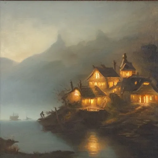Prompt: a lamplit village on the coast of a lake, deep underground oil on canvas