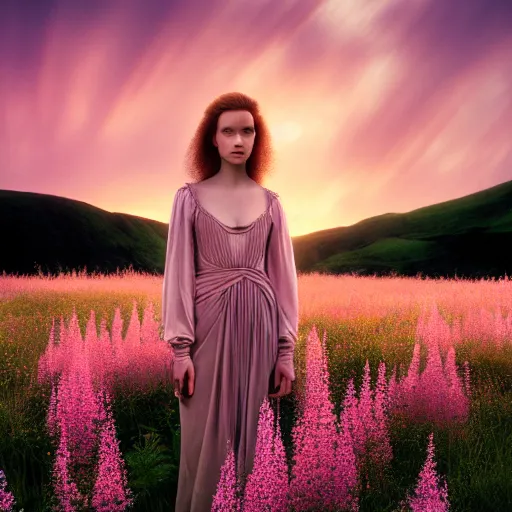 Prompt: photographic portrait of a stunningly beautiful renaissance female in soft dreamy light at sunset, field of fireweed, contemporary fashion shoot, by edward robert hughes, annie leibovitz and steve mccurry, david lazar, jimmy nelsson, breathtaking, 8 k resolution, extremely detailed, beautiful, establishing shot, artistic, hyperrealistic, beautiful face, octane render