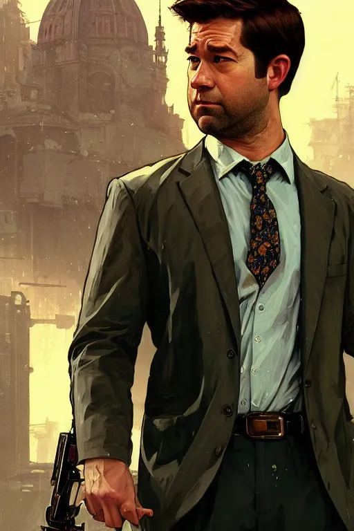 Prompt: gta jim halpert john krasinski profile picture by greg rutkowski, dynamic pose, intricate, futuristic, fantasy, elegant, by stanley artgerm lau, greg rutkowski, thomas kindkade, alphonse mucha, loish, norman rockwell, fantasy lut, asymmetric, long hair, retro computer graphics, video game, fluid lines,